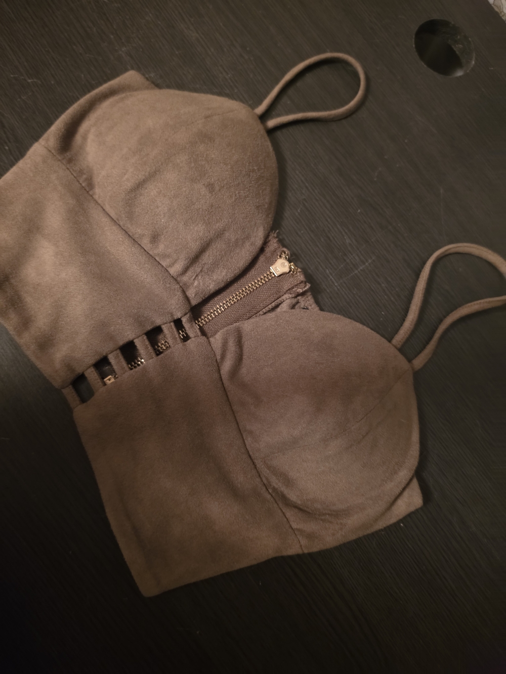 privy Brown Suede-Look Bralette with Zip Front